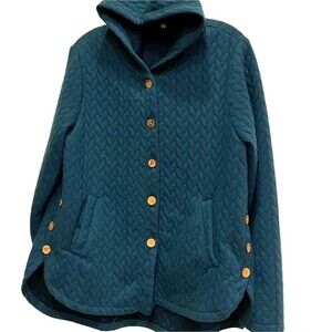Fleece Jacket L Diamond Quilted Hooded ForestGreen Soft Cozy Wood Buttons Woman